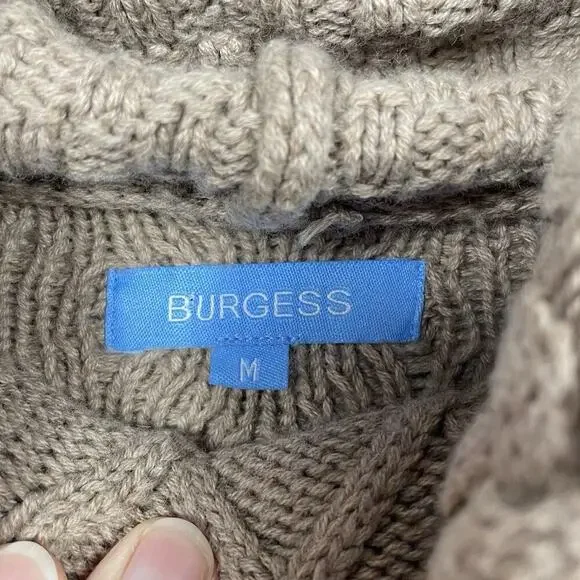 Burgess Cashmere Blend Cable Knit Sweater Women M Tan Soft Funnel Neck Fisherman - Picture 3 of 9